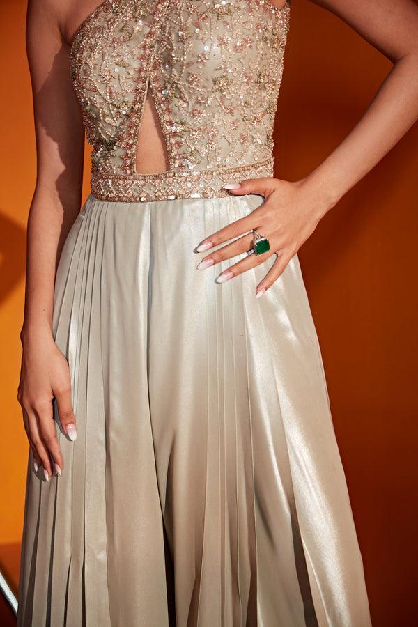 Roqa IRIS Metallic Grey Front-cut Jumpsuit