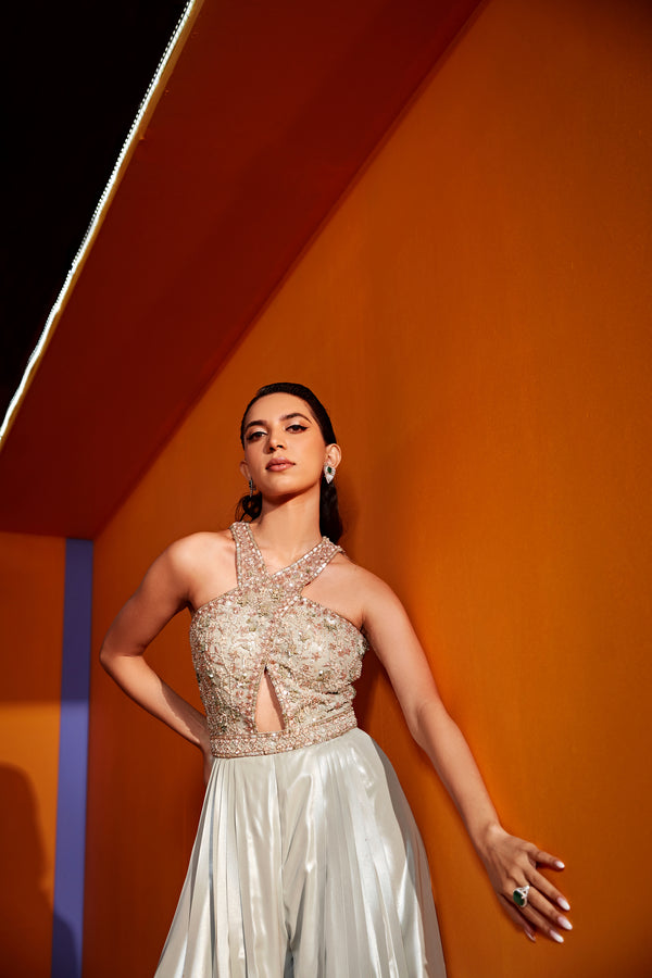 roqa IRIS Metallic grey front-cut jumpsuit