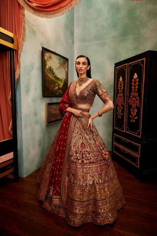 roqa Jewelled Deep Maroon Lehenga Set