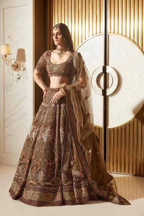roqa Reehana Reehana olive green Lehenga set