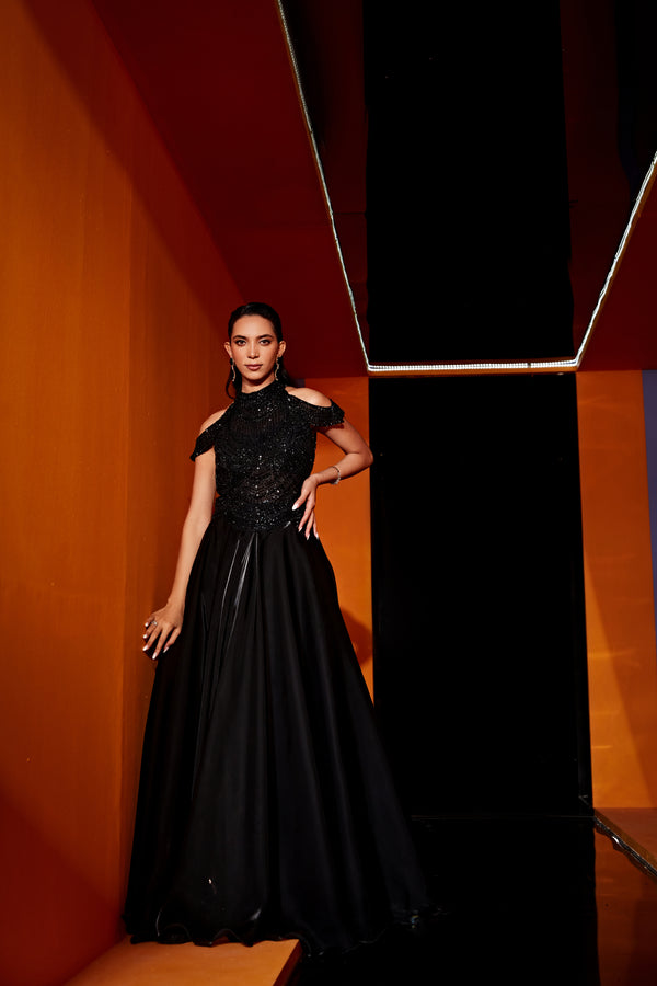 Roqa REIM Black Organza Gown With Tonal Embroidery