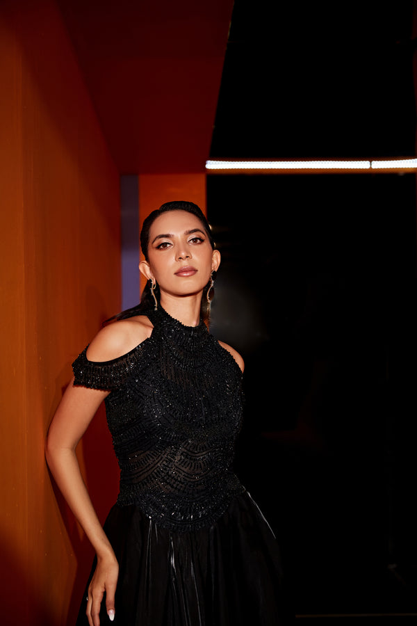 Roqa REIM Black Organza Gown With Tonal Embroidery