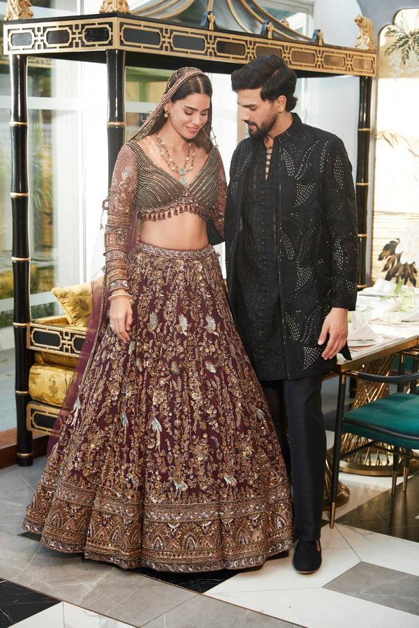 roqa Shahira Shahira Plum Lehenga set