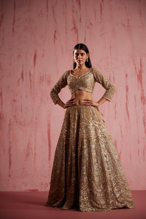roqa Zayan Zayan Gold Lehenga Set