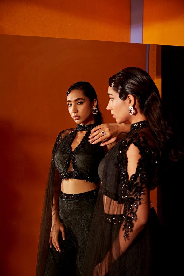 Roqa ZARIA Pleated Blouse With Attached Cape And Sharara Pants