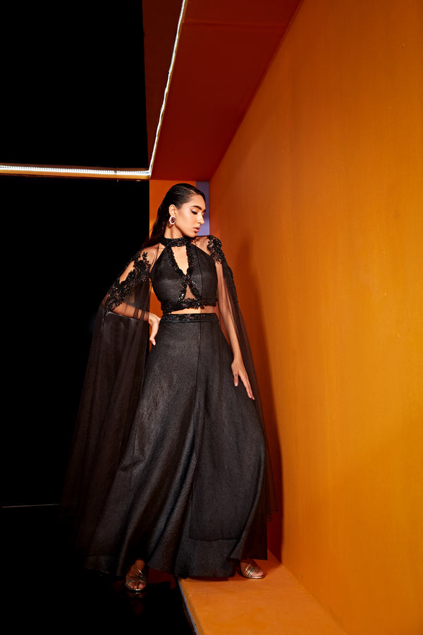 Roqa ZARIA Pleated Blouse With Attached Cape And Sharara Pants