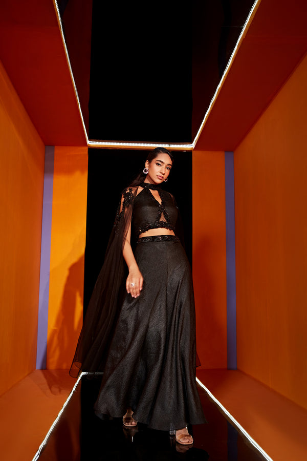 roqa ZARIA Pleated blouse with attached cape and sharara pants