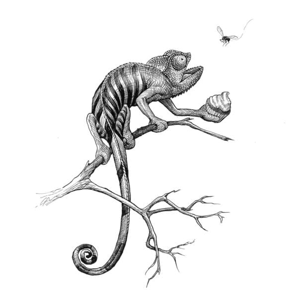 rory dobner Cheeky Chameleon Clutching a Cherry Cupcake Intricate Ink Print