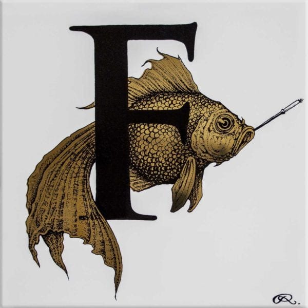 rory dobner F – Fish On A Fag Break Gold Alphabet Tile
