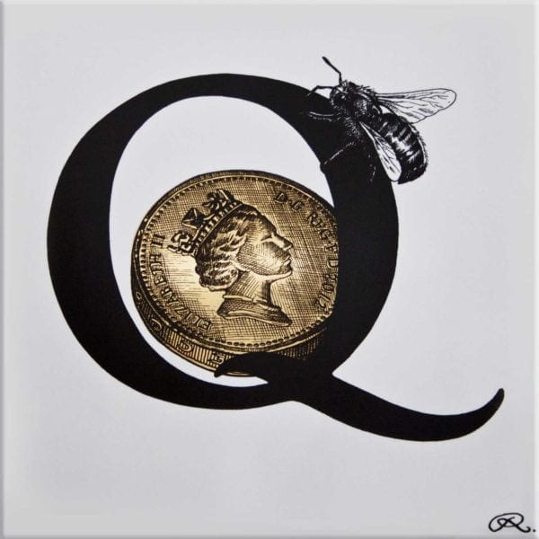 rory dobner Q – Queen Bee on a 22ct Gold Quid Alphabet Tile