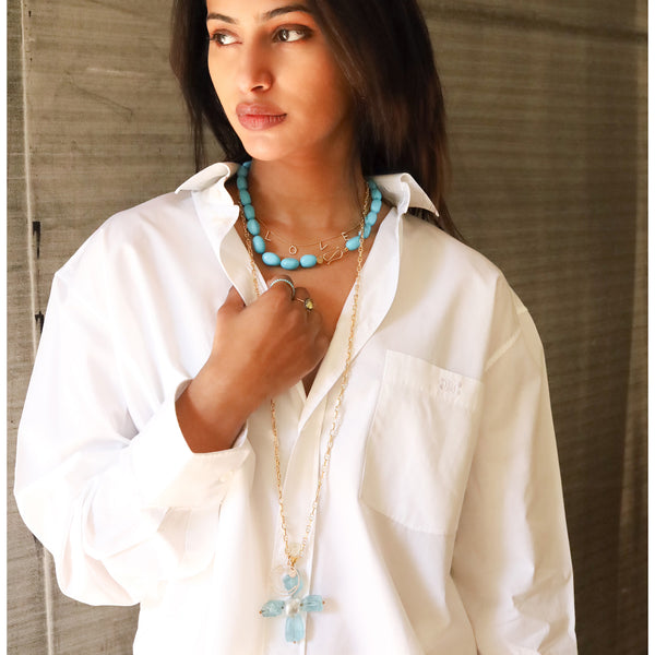 Rosa De La Cruz Aquamarine And Pearl Flower Pendant