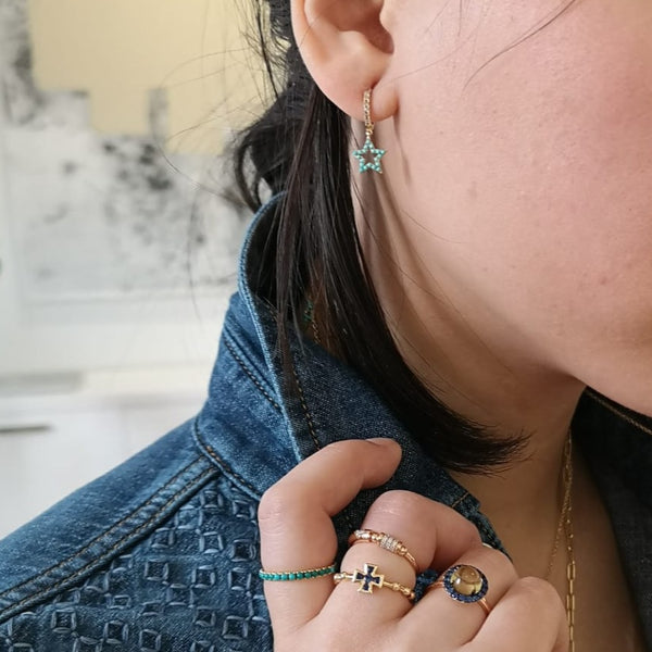 Rosa De La Cruz TURQUOISE AND DIAMOND STAR CHARM EARRINGS