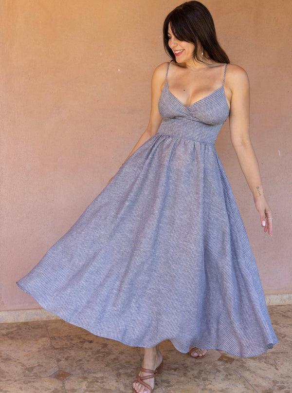 Roses Are Red EDEN LINEN DRESS - SMALL STRIPES BLUE