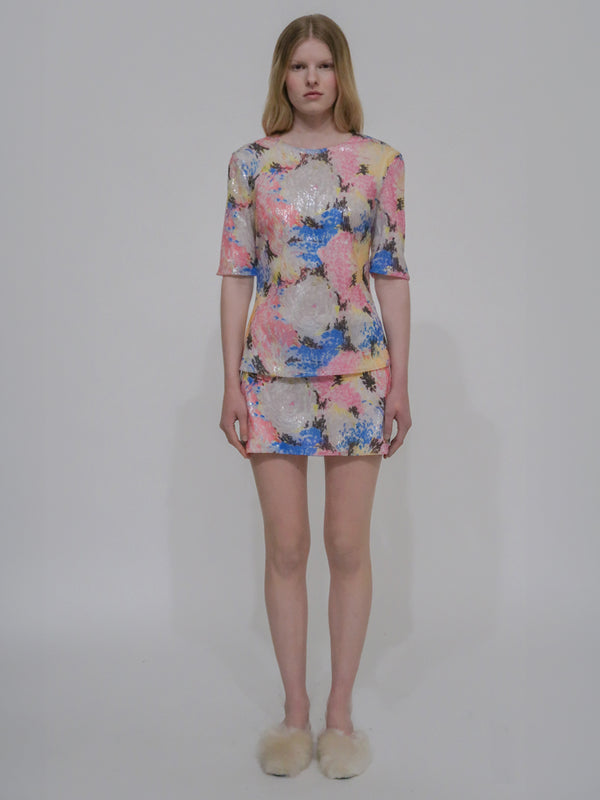 Rosetta Getty FITTED T-SHIRT TOP - PAINTED FLORAL SEQUIN MESH