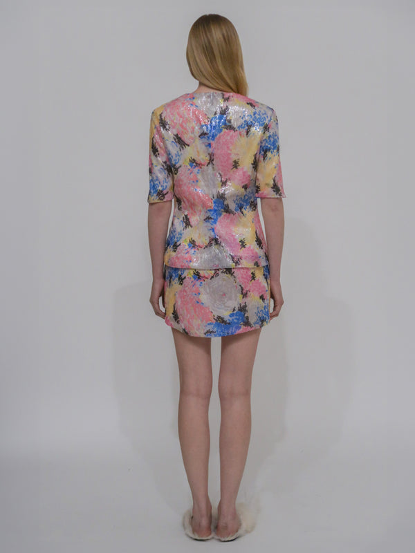 Rosetta Getty FITTED T-SHIRT TOP - PAINTED FLORAL SEQUIN MESH