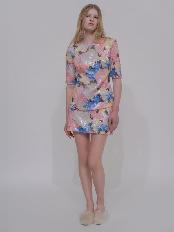 rosetta getty FITTED T-SHIRT TOP - PAINTED FLORAL SEQUIN MESH