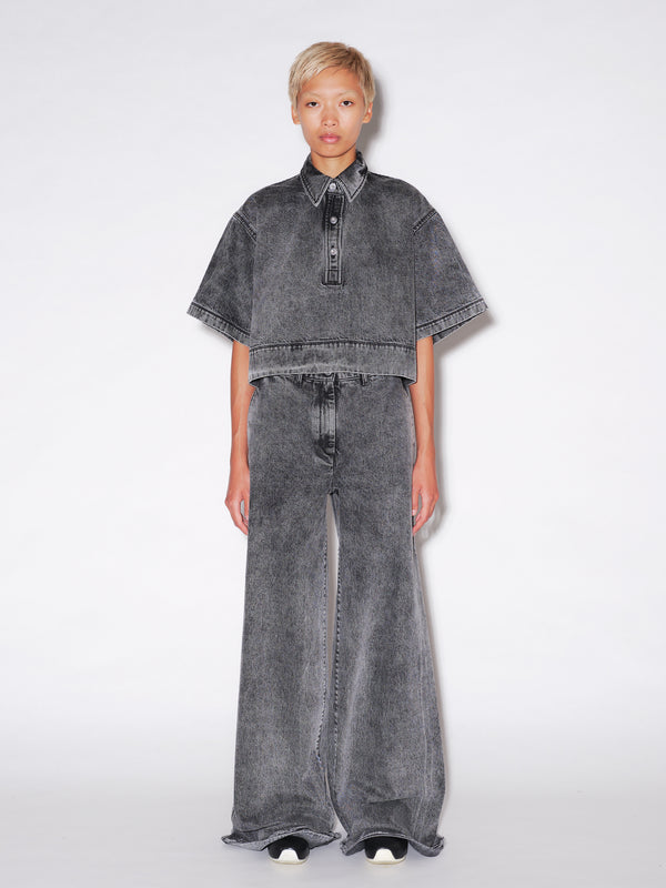 Rosetta Getty CROPPED OVERSIZED POLO - BLACK DENIM