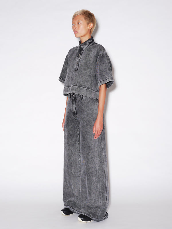 Rosetta Getty CROPPED OVERSIZED POLO - BLACK DENIM