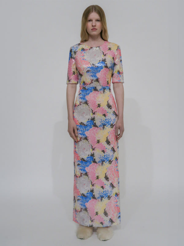 Rosetta Getty SHORT SLEEVE T-SHIRT GOWN - PAINTED FLORAL SEQUIN