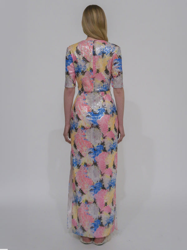 Rosetta Getty SHORT SLEEVE T-SHIRT GOWN - PAINTED FLORAL SEQUIN