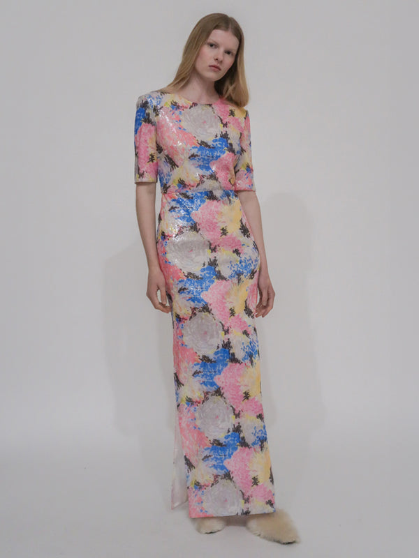 rosetta getty SHORT SLEEVE T-SHIRT GOWN - PAINTED FLORAL SEQUIN