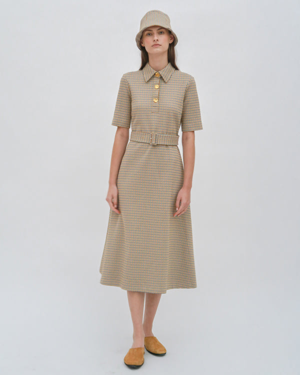 rosetta getty SS BELTED SHIRTDRESS - HOUNDSTOOTH PLAID