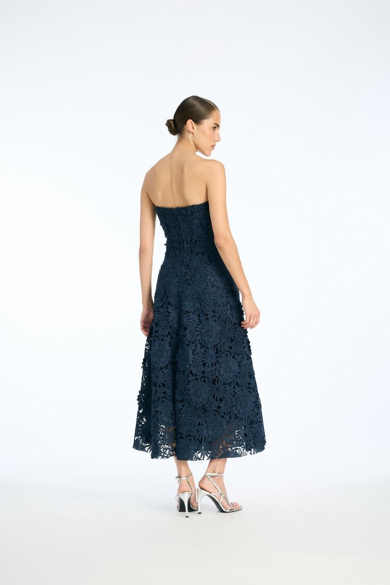 Rotate Birger Christensen 3d Lace Flared Midi Dress Dark Blue