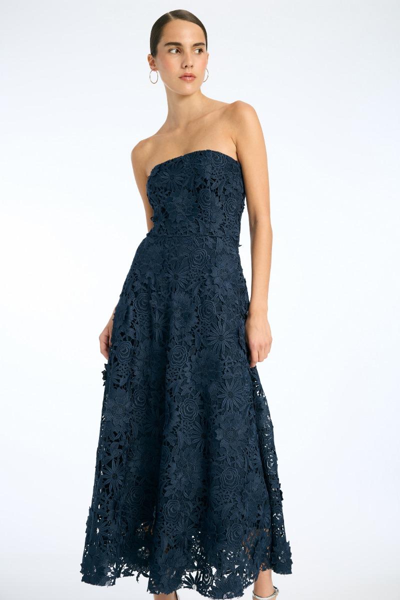 Rotate Birger Christensen 3d Lace Flared Midi Dress Dark Blue