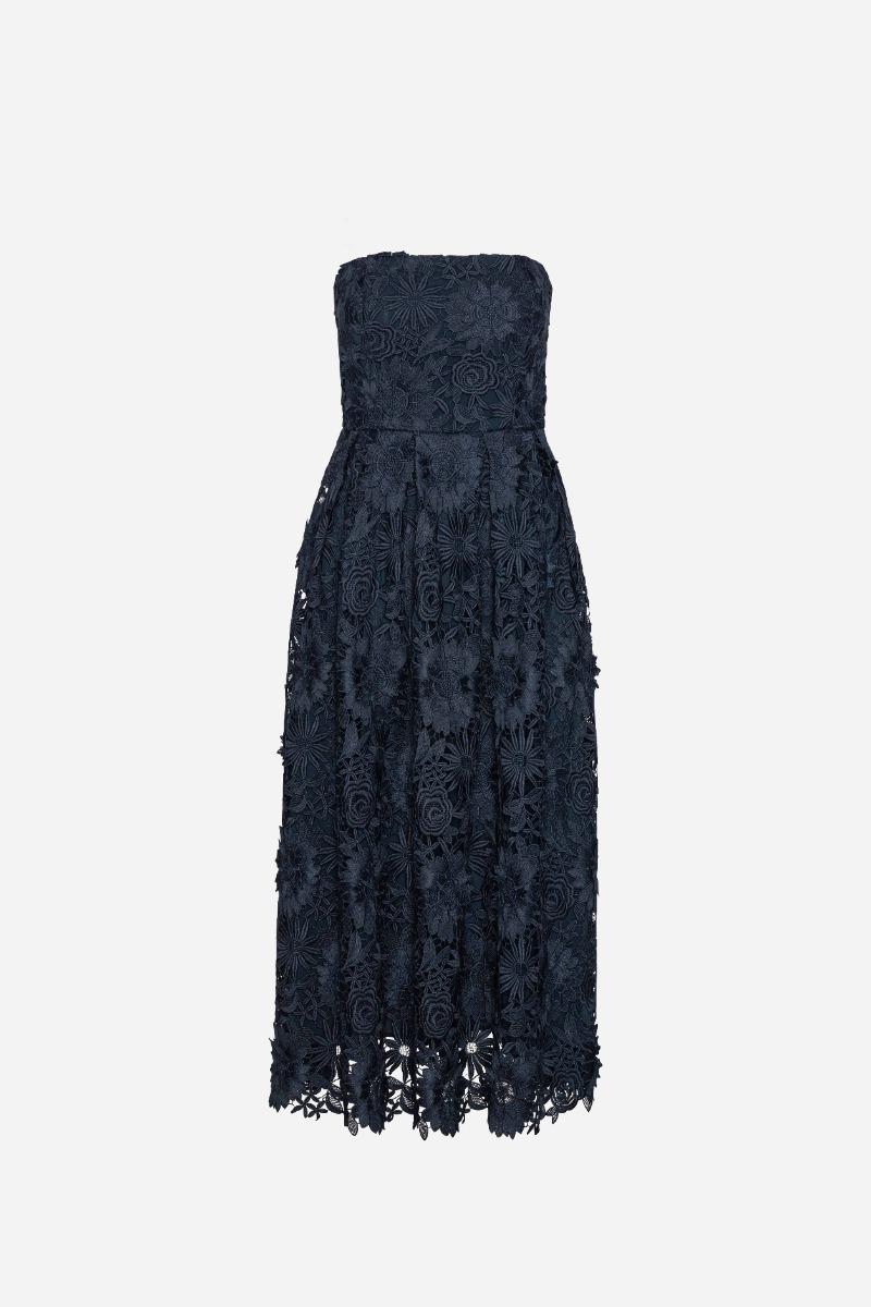 Rotate Birger Christensen 3d Lace Flared Midi Dress Dark Blue