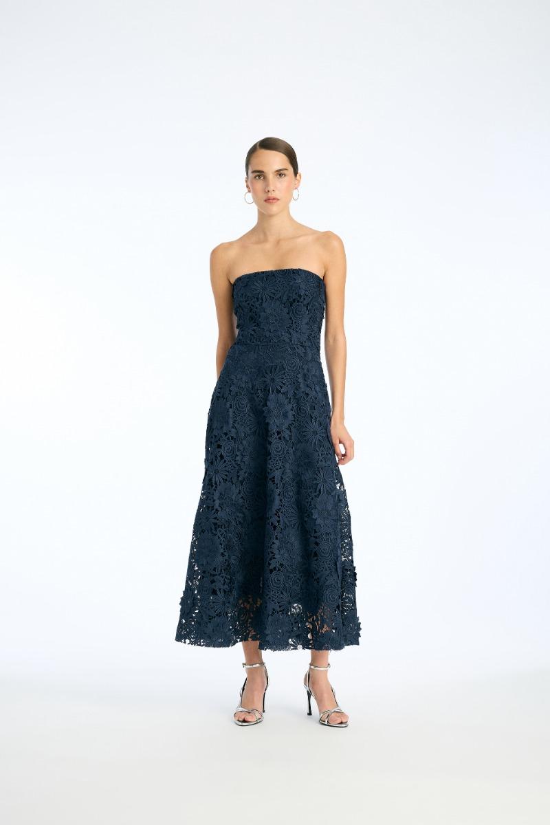 rotate birger christensen 3d Lace Flared Midi Dress Dark Blue