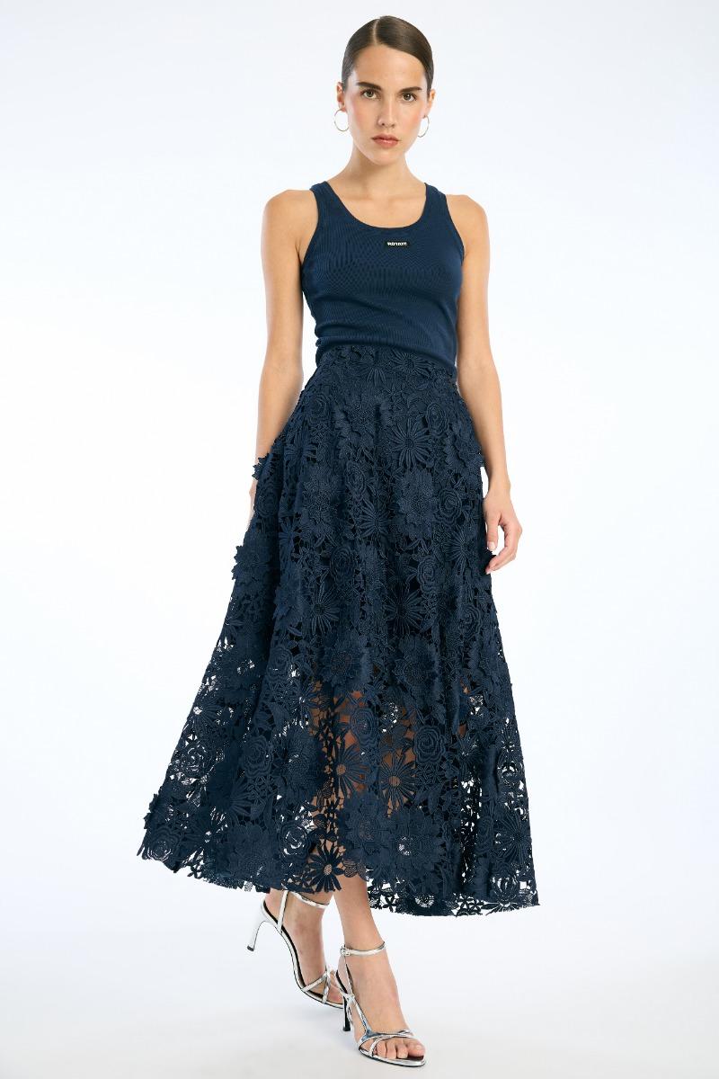 Rotate Birger Christensen 3d Lace Midi Skirt Dark Blue