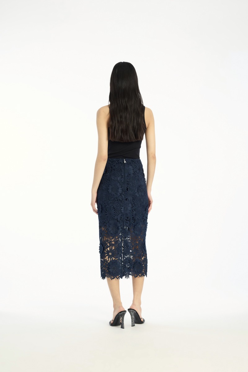 Rotate Birger Christensen 3d Lace Pencil Skirt Dark Blue