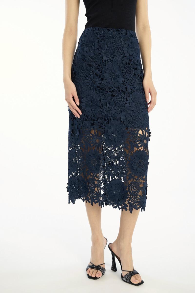 Rotate Birger Christensen 3d Lace Pencil Skirt Dark Blue