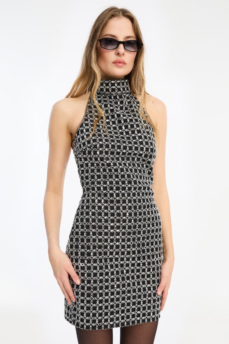 Rotate Birger Christensen Beaded Halterneck Dress Black