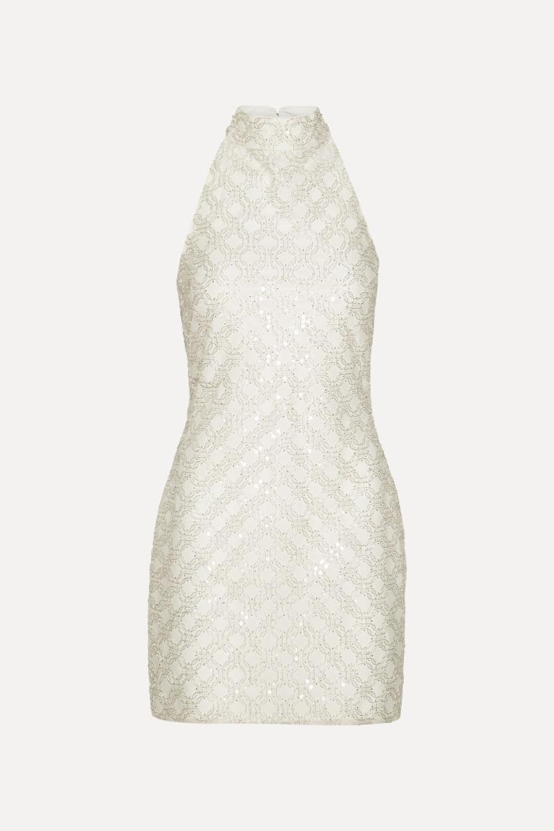 Rotate Birger Christensen Beaded Halterneck Dress Creme White