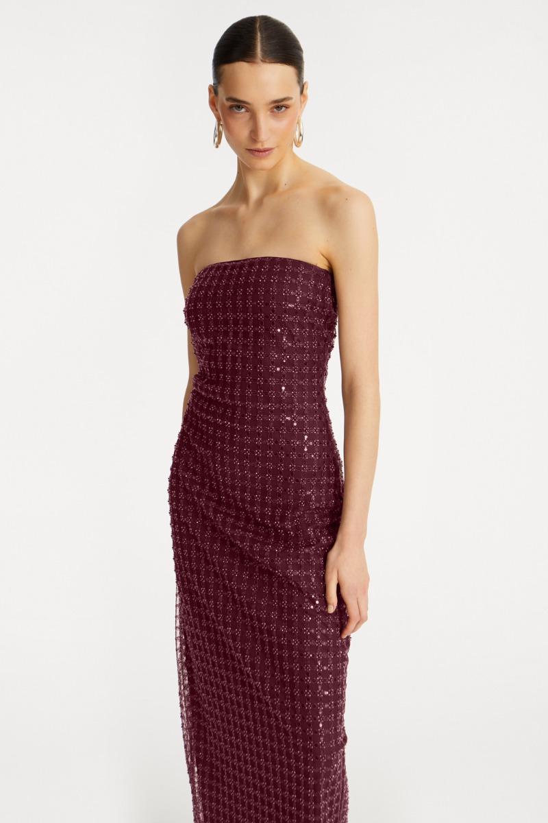 Rotate Birger Christensen Beaded Maxi Tube Dress Bordeaux