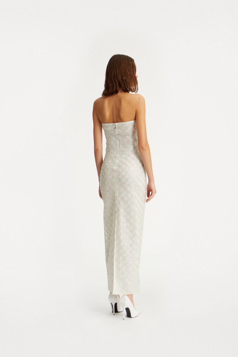 Rotate Birger Christensen Beaded Maxi Tube Dress Creme White