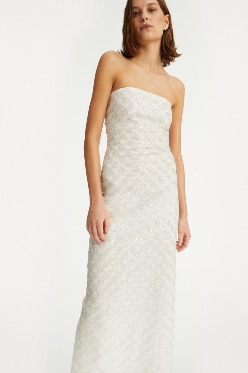 Rotate Birger Christensen Beaded Maxi Tube Dress Creme White