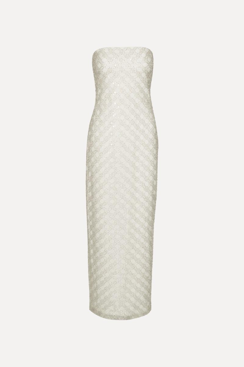 Rotate Birger Christensen Beaded Maxi Tube Dress Creme White