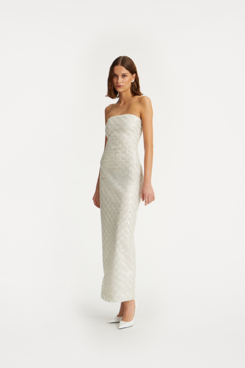 rotate birger christensen Beaded Maxi Tube Dress Creme White