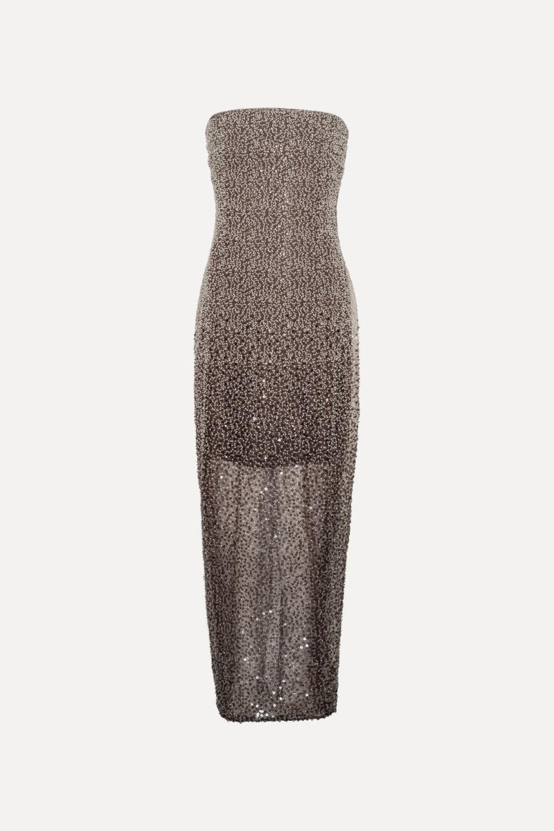 Rotate Birger Christensen Beaded Midi Tube Dress Brown