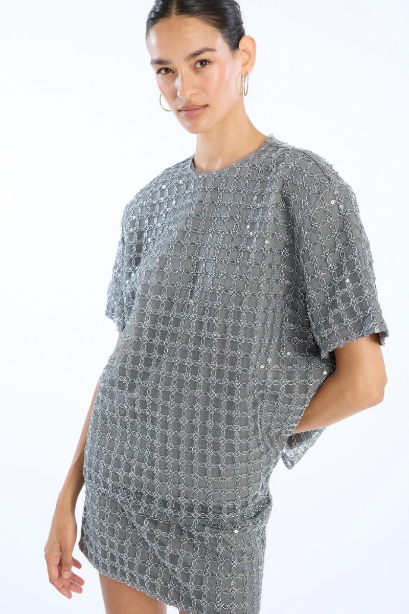 Rotate Birger Christensen Beaded Oversized Top Grey