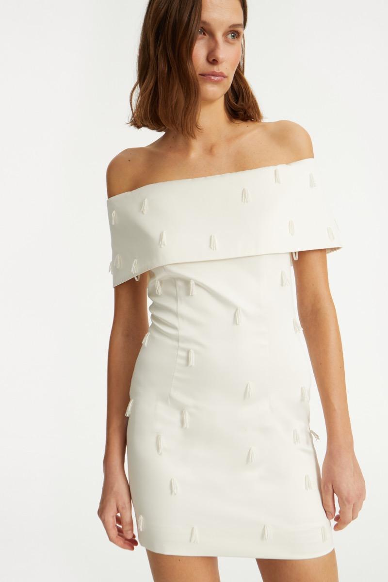 Rotate Birger Christensen Beaded Satin Mini Dress Creme White