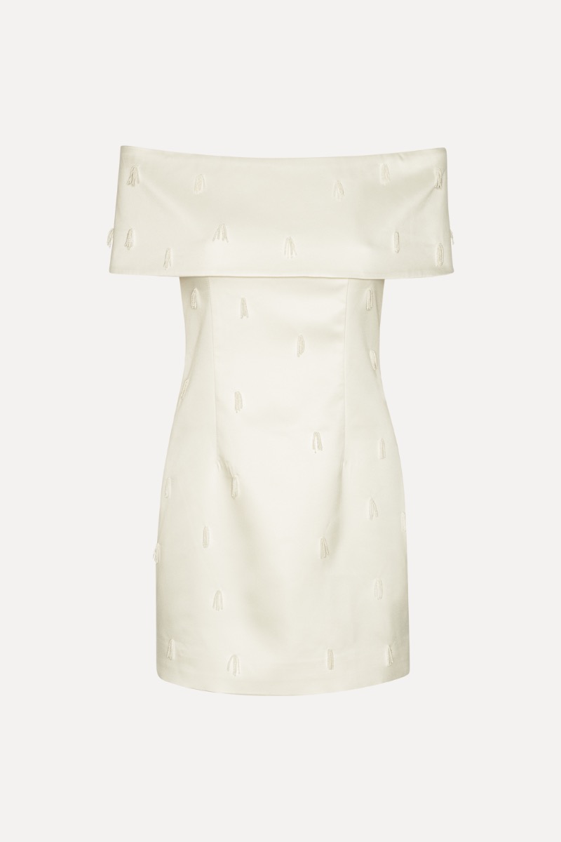 Rotate Birger Christensen Beaded Satin Mini Dress Creme White