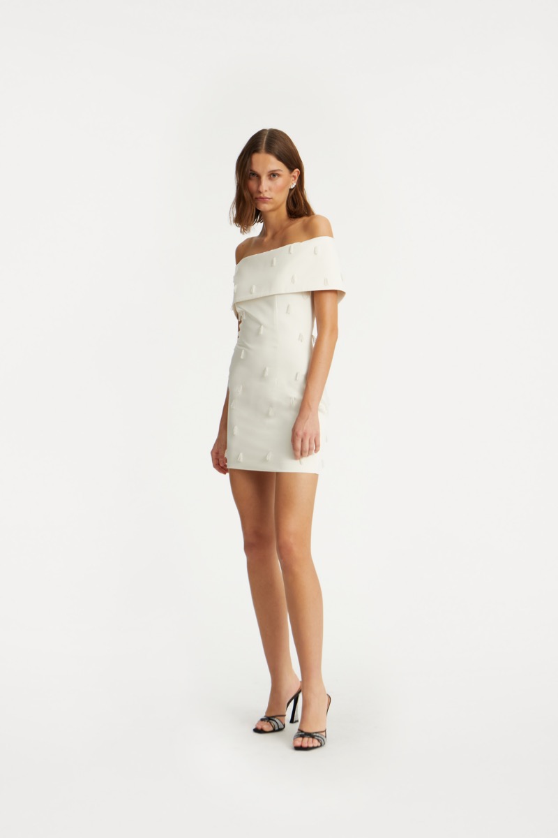 rotate birger christensen Beaded Satin Mini Dress Creme White