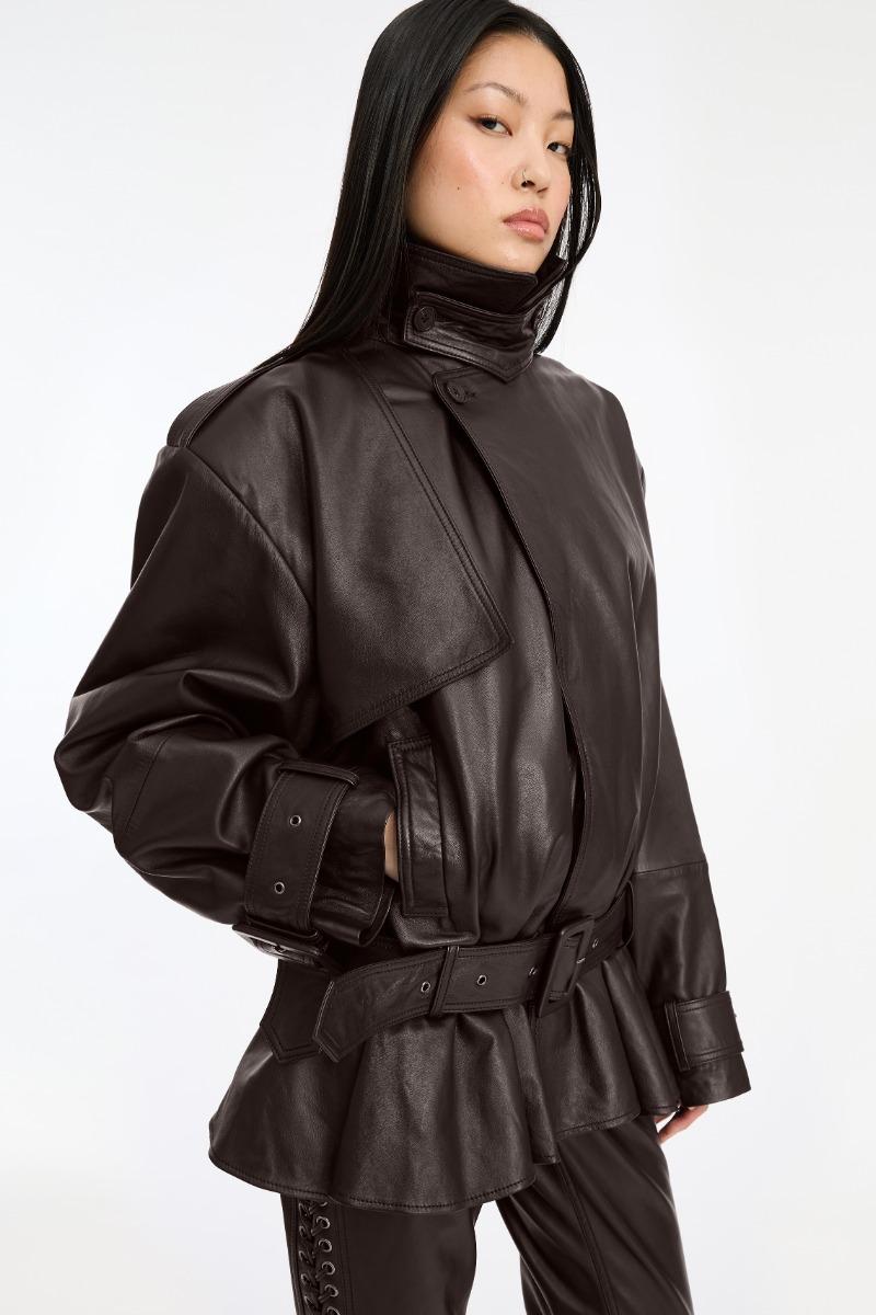 Rotate Birger Christensen Biker Leather Jacket Dark Brown