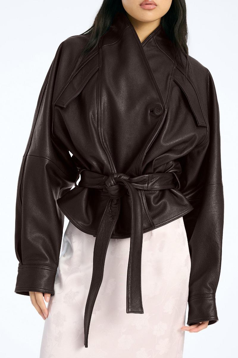 Rotate Birger Christensen Boxy Leather Bomber Dark Brown