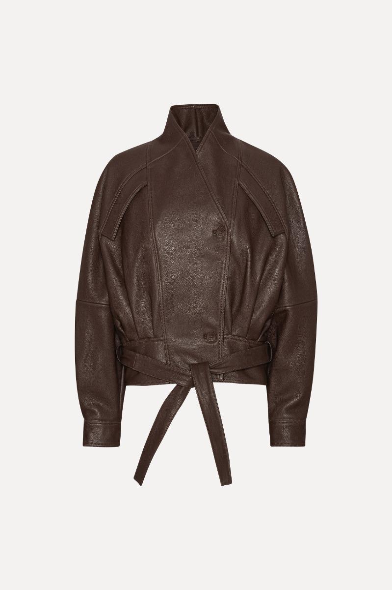 Rotate Birger Christensen Boxy Leather Bomber Dark Brown