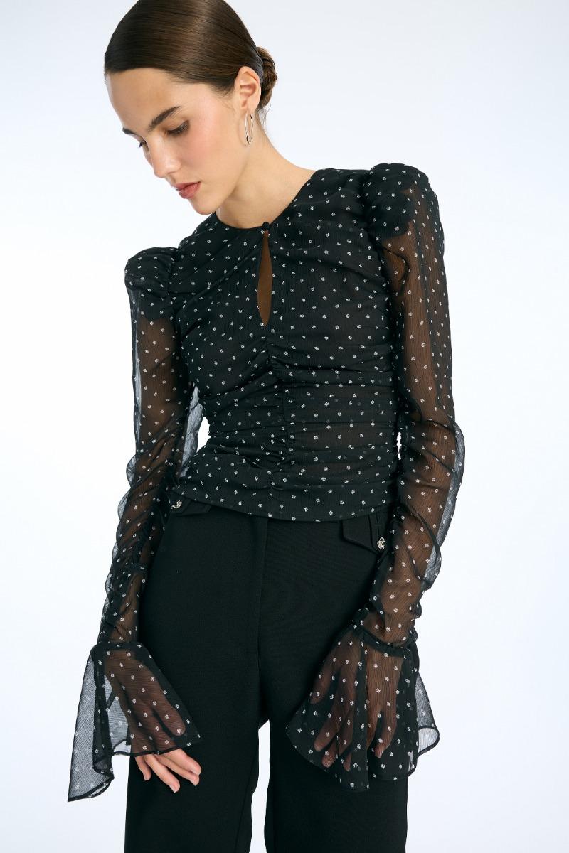 Rotate Birger Christensen Chiffon Ruched Ls Top Black