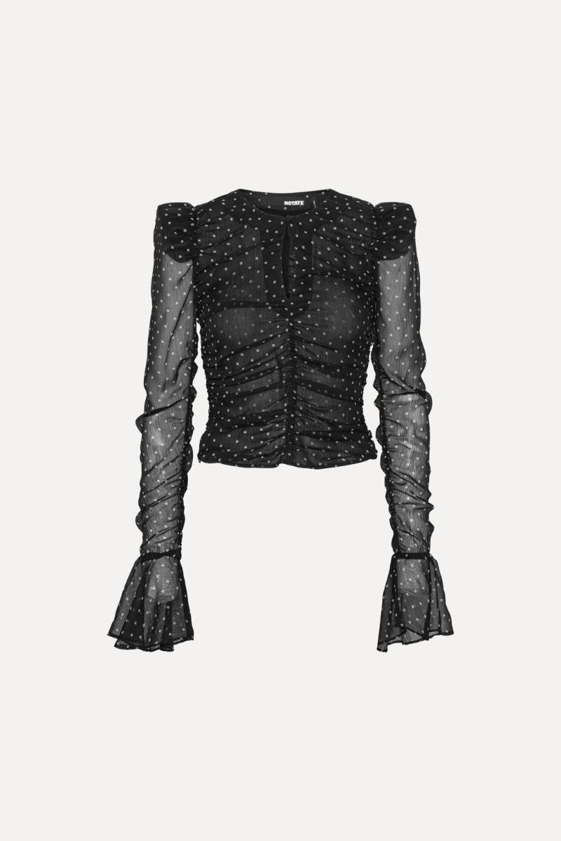 Rotate Birger Christensen Chiffon Ruched Ls Top Black